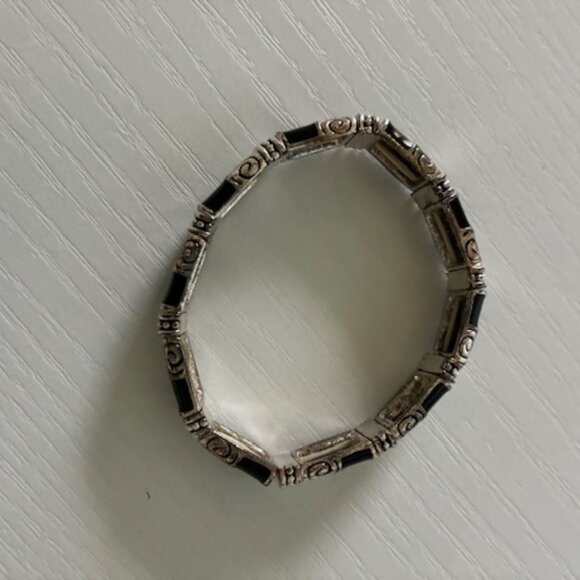 Bracelet - silver tone and black on stretch band. - Picture 2 of 4